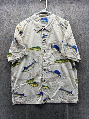 Columbia Shirt Mens XL Beige Fish Graphic Short Sleeve Button Front Fishing